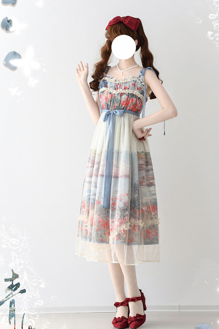 Multi Color Oil Painting Island Garden Sleeveless Ruffle Bow Lace Sweet Jsk Dress