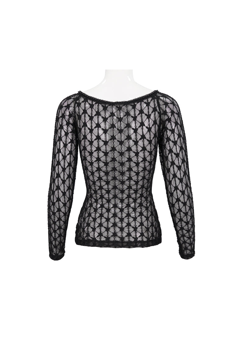 Punk Black Lace Mesh Front Red Diamond Transparent Long-Sleeve Women's Tee