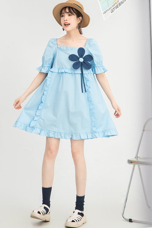 Azure Floral-Accessory Sweet Dress with Square Collar