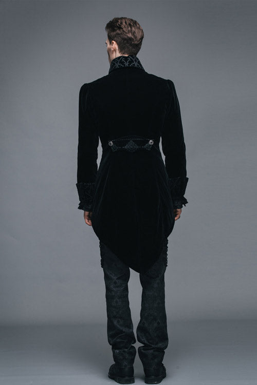 Mens Gothic Tuxedo Coat with Embroidered Collar & Velveteen Finish