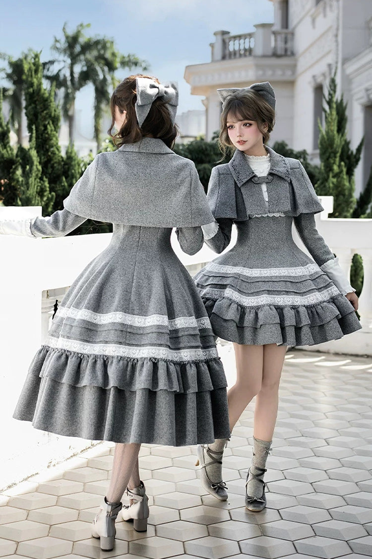 Classic Elegant Lolita Dress with Stand Collar and Ruffled Bow - Grey