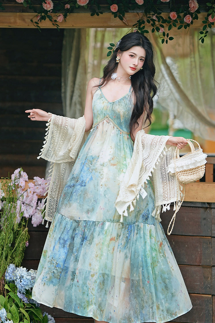 Blue/Green V Collar Sleeveless Classic Lolita JSK Dress Oil Painting Print