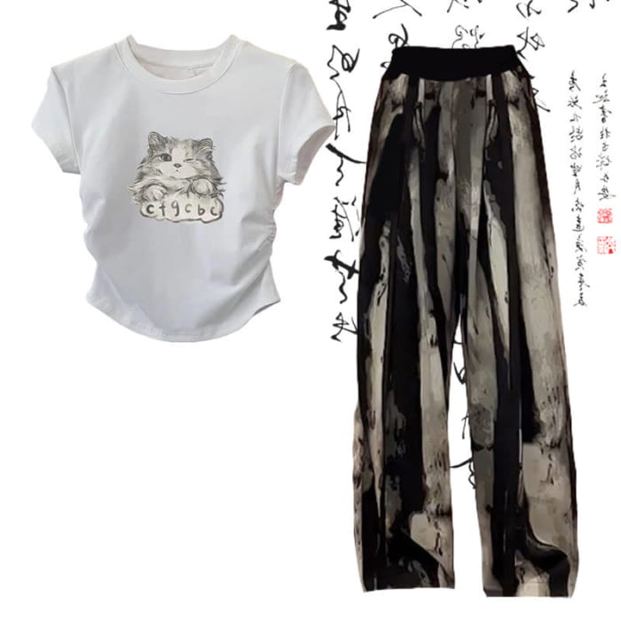 Cartoon Cat Print T-Shirt Wash Painting Loose Pants - Set F