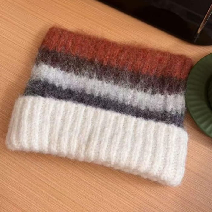 Cat Ear Color Block Beanie - Striped - White Trim - Coffee