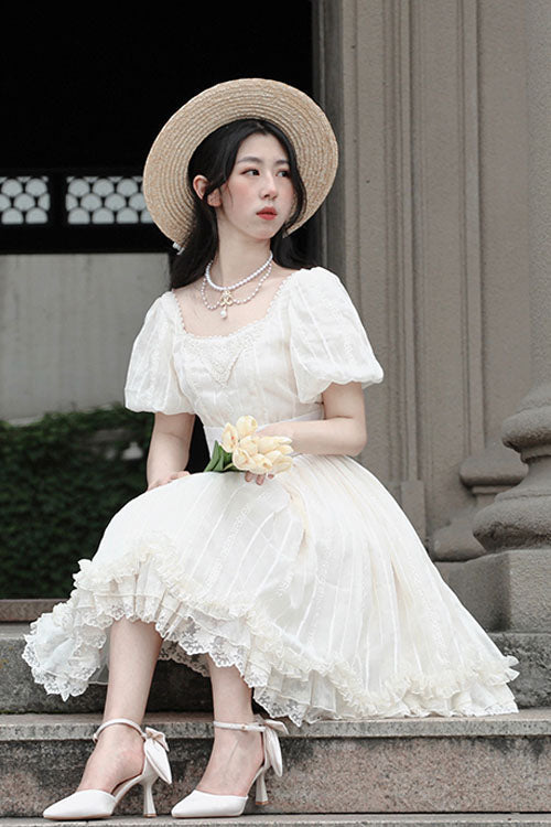 Vintage Lolita OP Dress with Tulip Collar, Lantern Sleeves, Ruffles