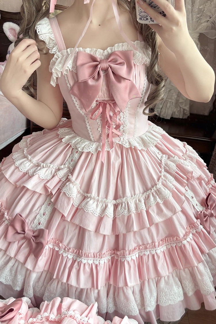 Blush Sleeveless Multi-Layer Ruffle Bow Lace-Up Sweet Tiered Dress