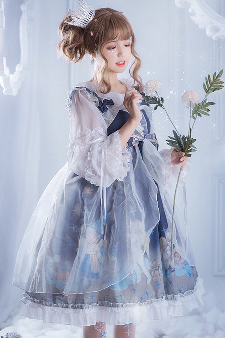 Blue Lace Chiffon Sweet Lolita Jsk Dress Little Prince Printed - Altfashion Shop