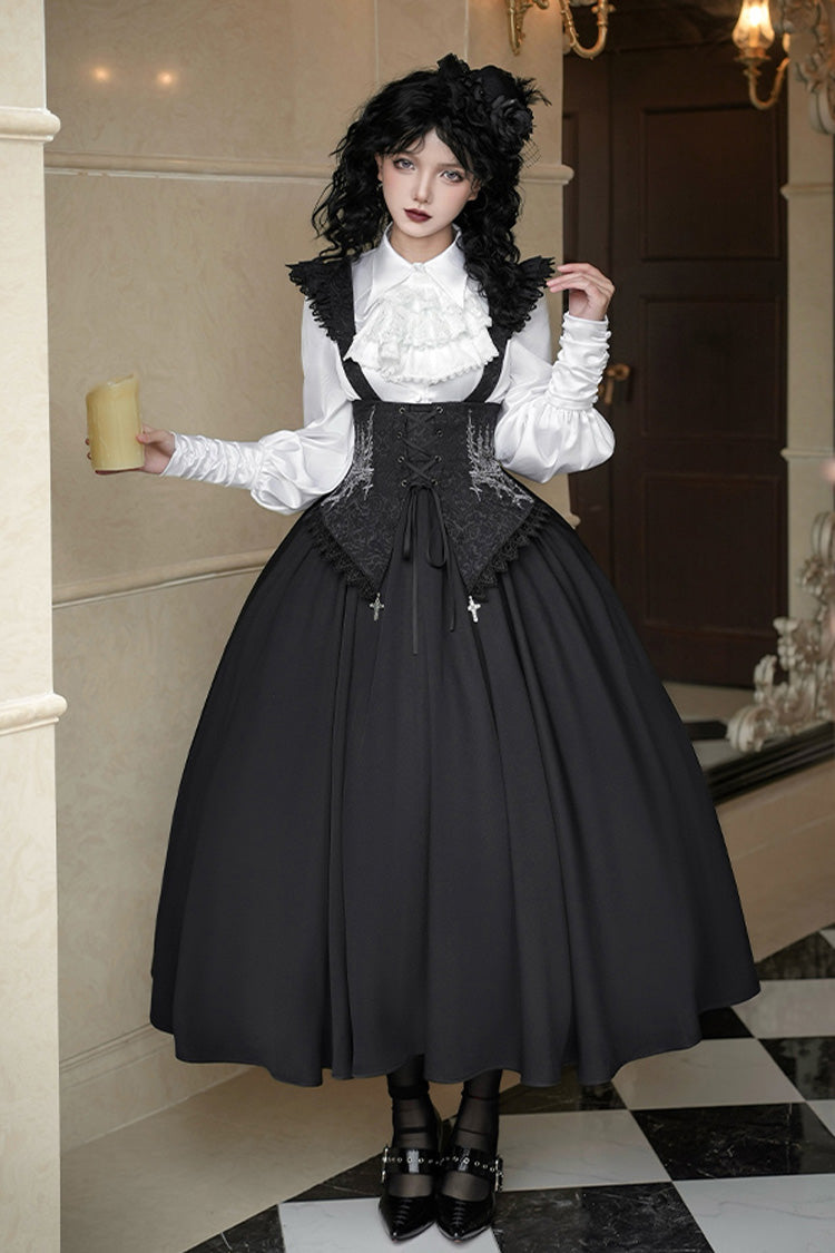 Black Night of Thorns Sleeveless Embroidered Lace-Up Gothic Strap Support Dress