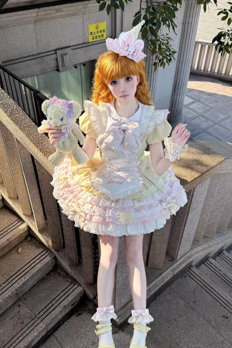 Yellow Pink Short Sleeve Multi-Layered Ruffle Bowknot Sweet Dress