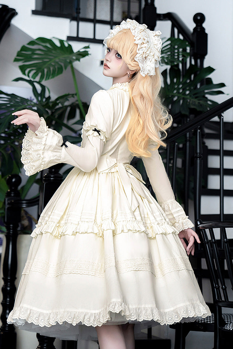 Cream Birch Appointment Stand Collar Long Puff Sleeve Frilled Bow Sweet Lolita Dress