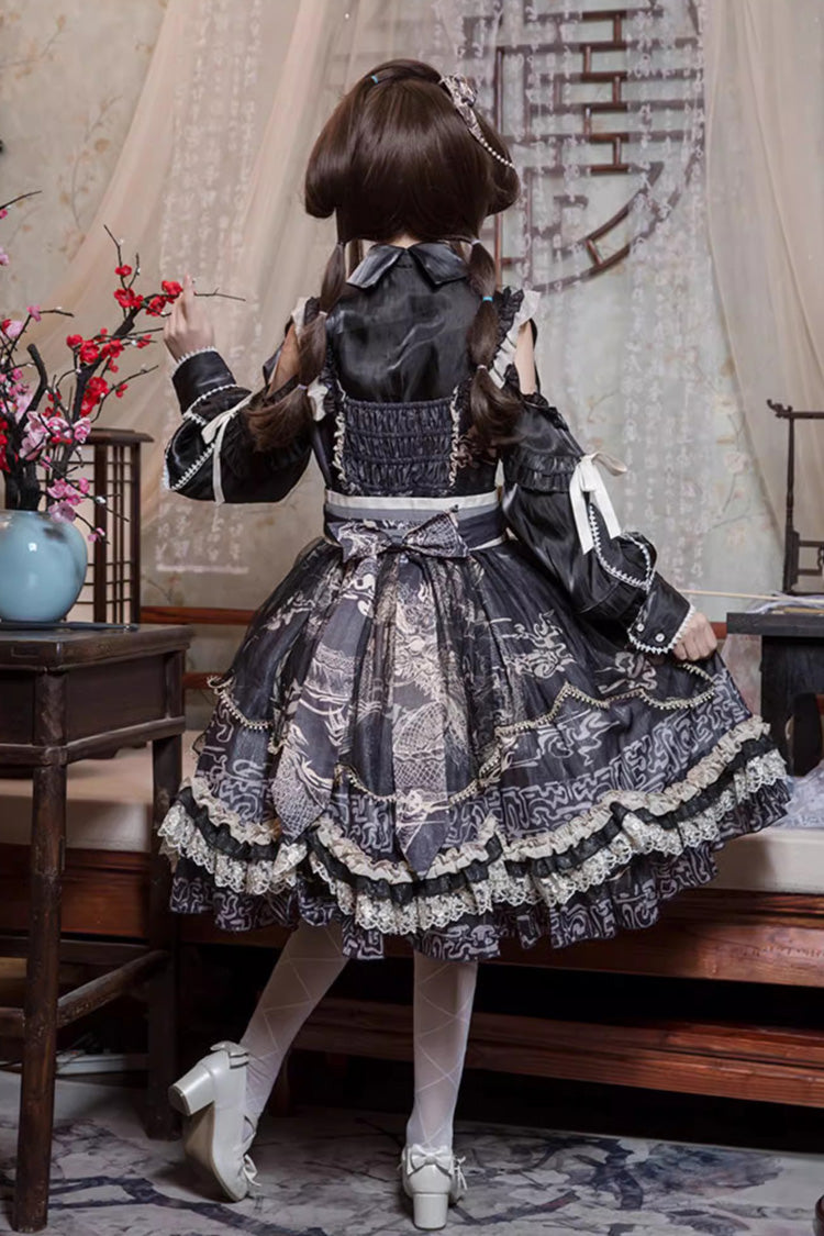 Black Print Ruffle Lace Sweet Chinese Lolita Jsk Dress
