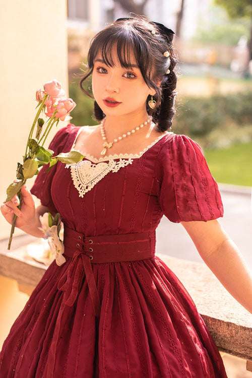 Burgundy Classic Square Neck Short Sleeve Layered Ruffled Elegant Lolita Dress