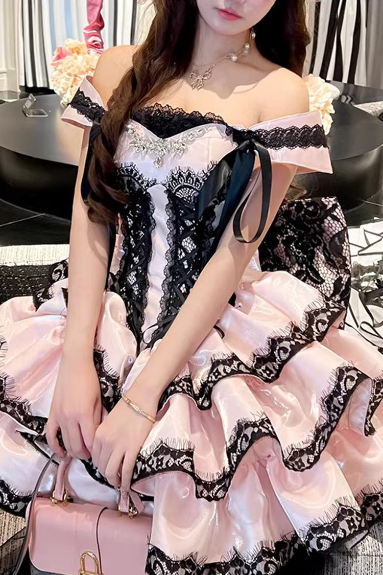 Sweet Lolita JSK Dress with Ruffled Lace and Lace-Up Back - Pink