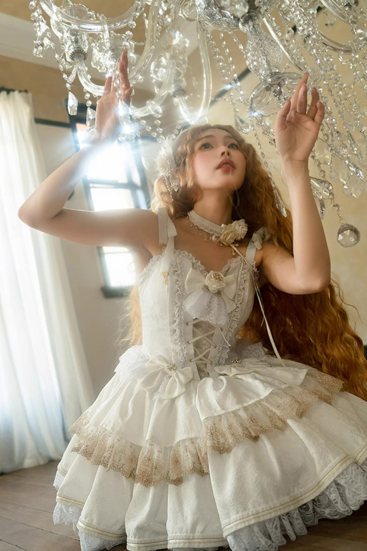 White Gothic Ballet Lolita JSK Double Layered Lace Ruffled