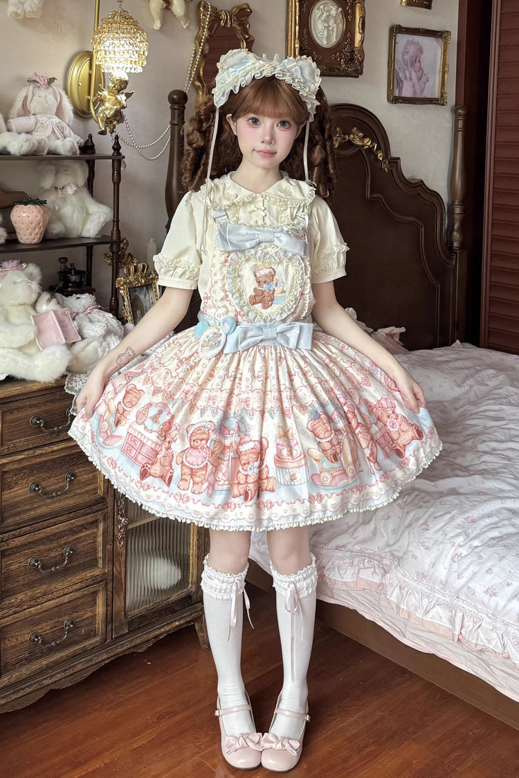 Bear Anniversary Celebration Sleeveless Printed Ruffled Bow Sweet Lolita Jumper Dress Two Colors