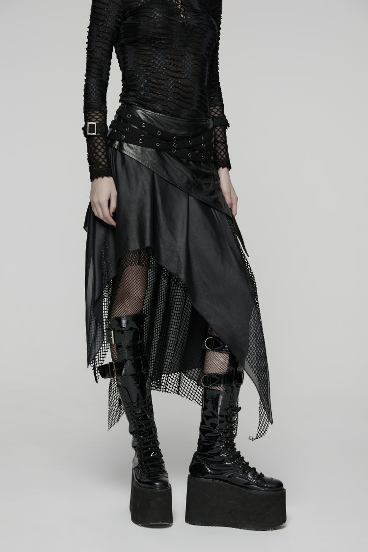 Punk Wasteland Skirt with Irregular Eyelet & Double-Layered Design