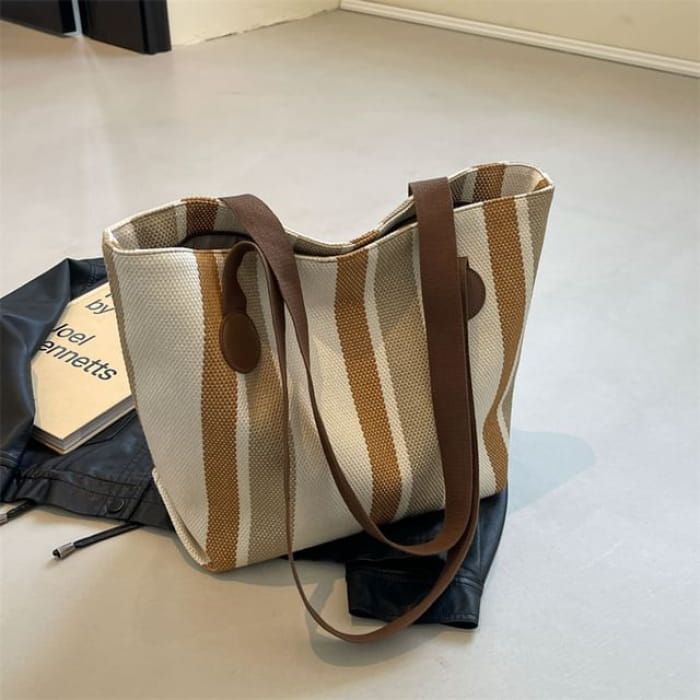 Color Block Canvas Tote Bag - Khaki & Off-White / One Size