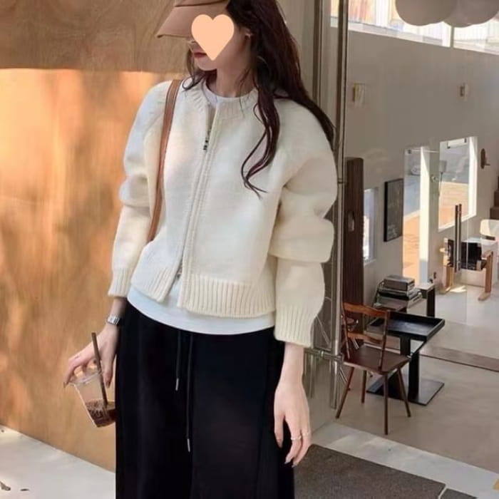 Crew-Neck Zip-Up Cardigan in 7 Colors - White / One Size