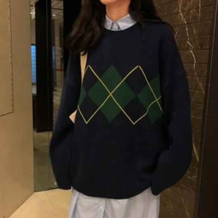 Crewneck Printed Plaid Color-Block Oversize Sweater - Navy