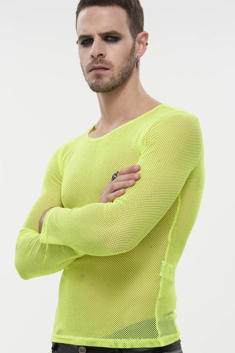 Yellow Gothic Mesh Shirt with High Neck, Long Sleeves