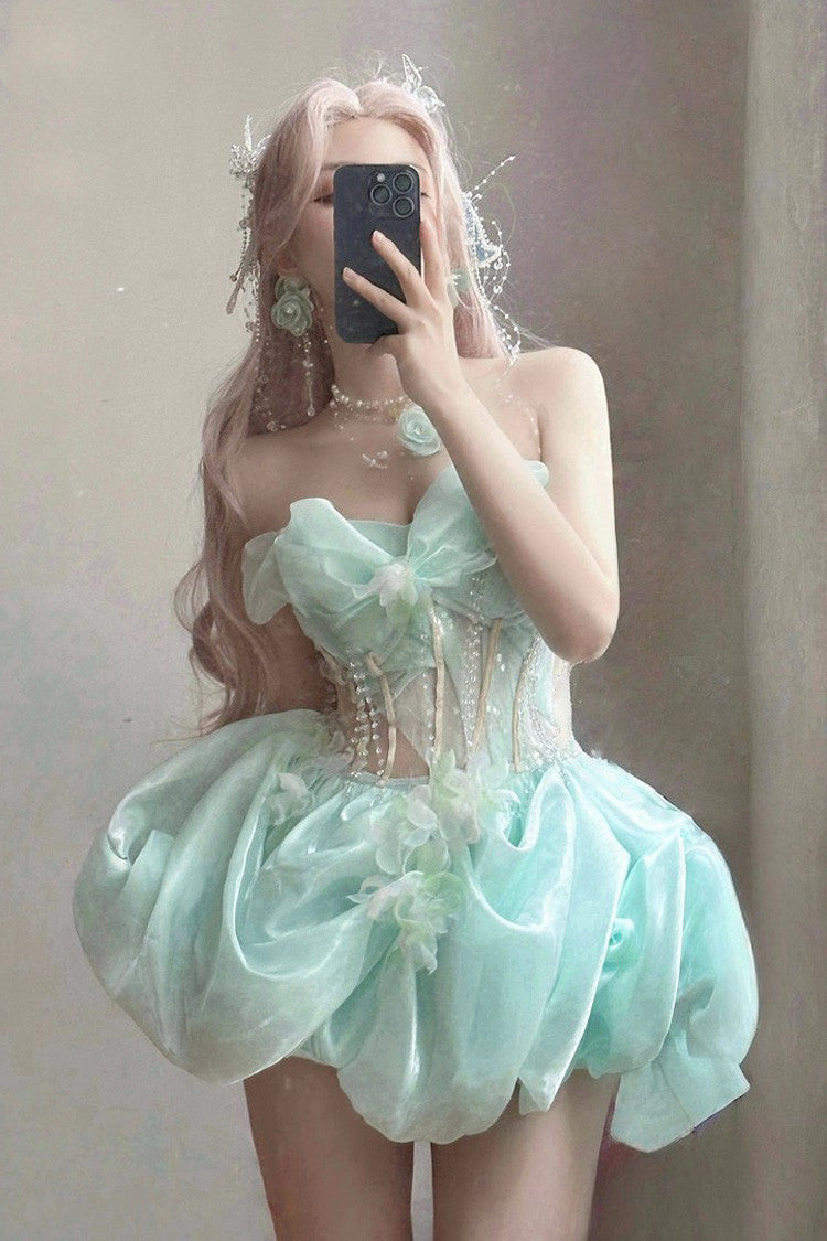 Emerald Fairy Sleeveless Ribbon Pearl Fishbone Sweet Bud Gown