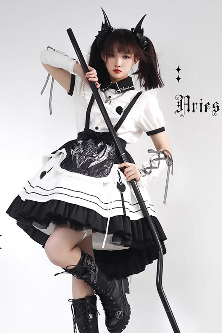 White Black Ruffle British Style Maid Gothic Lolita Strap Dress