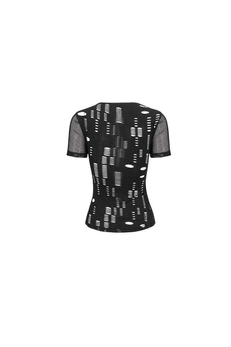 Destroyed Faux Leather Punk Tee with Metal Ring