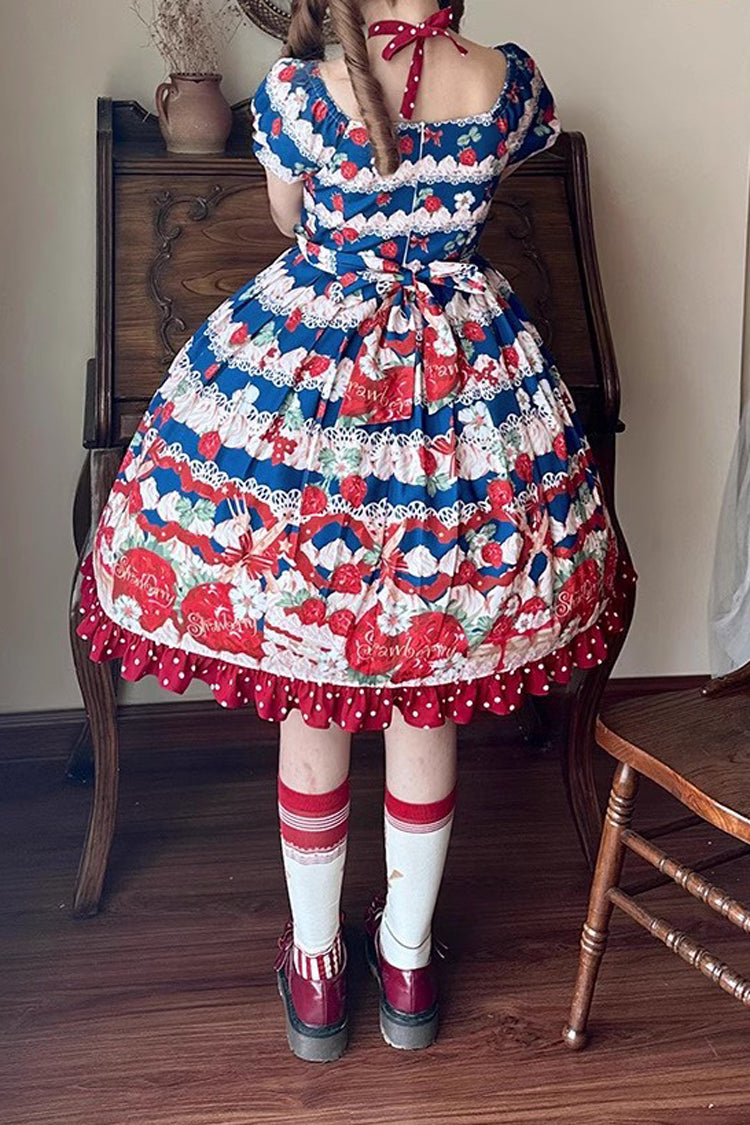Cream Berry Fairy Red/Blue Short Sleeves Printed Ruffled Bow Sweet Lolita Dress - Miss Brown