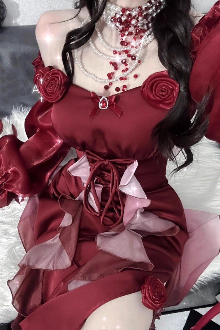 Crimson Rose Motif Long-Sleeved Classic Elegant Lolita Dress