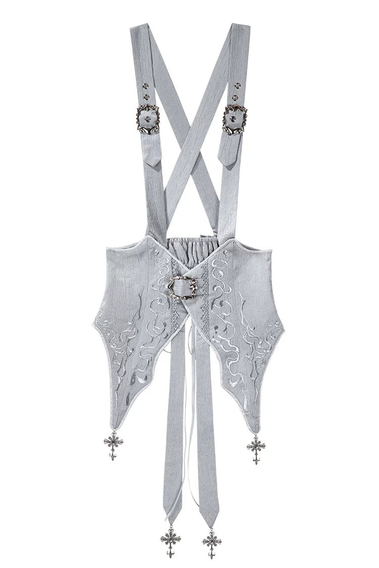 Ivory and Silver Key Embroidered Open-Front Bow Gothic Lolita Skirt Ensemble