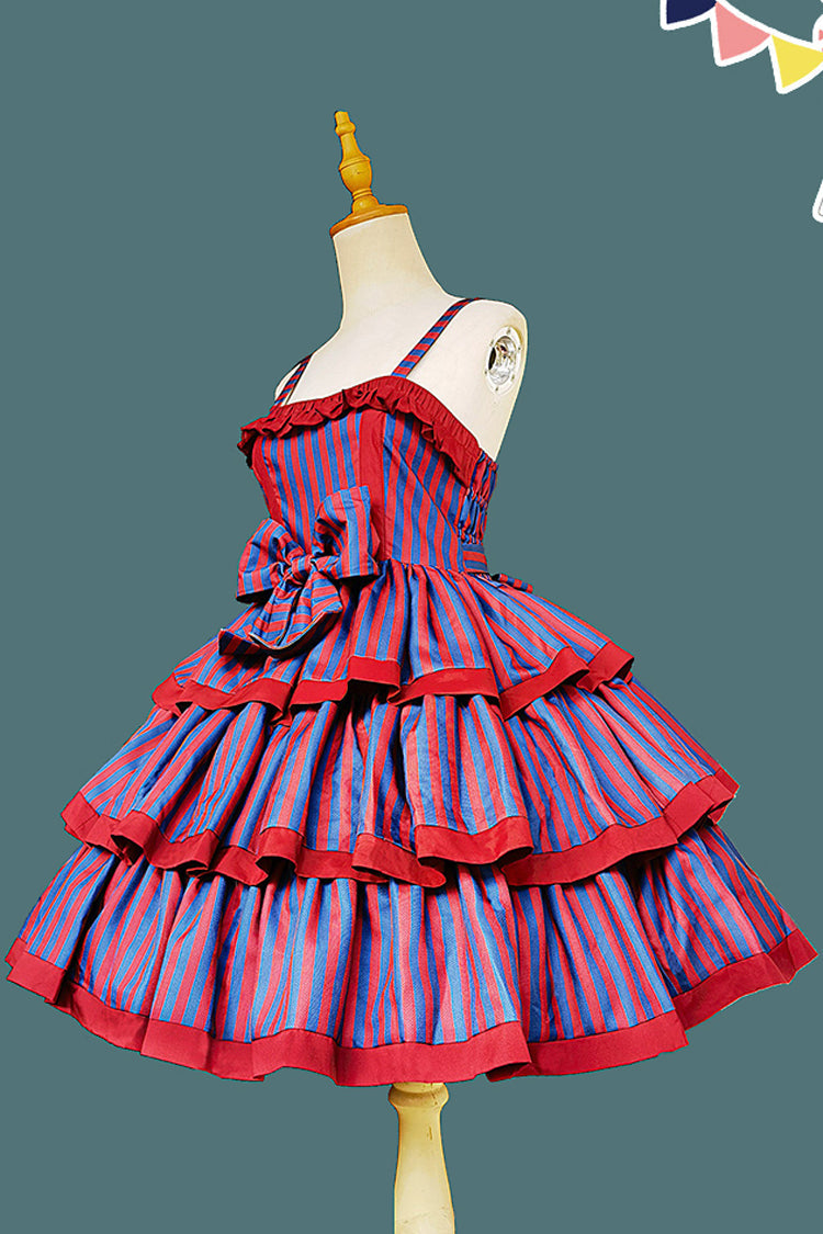 Stripe Triple-Layered Ruffle Bow Sweet Lolita Dress