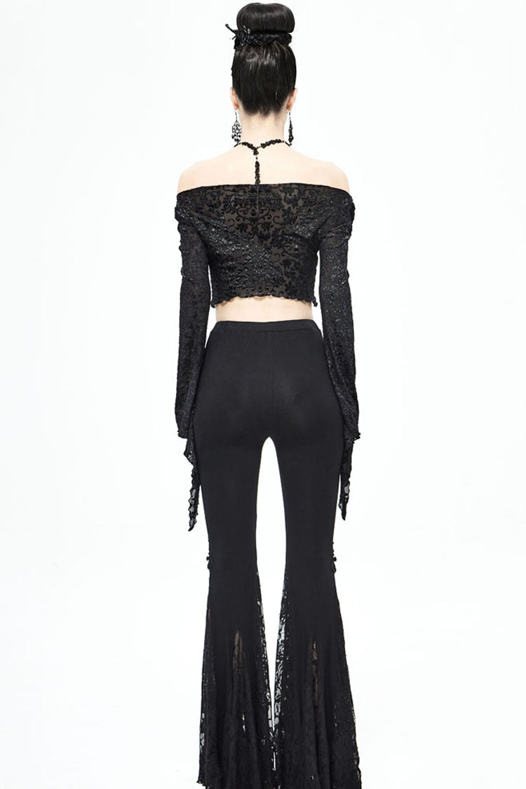 Jet-Black Off-Shoulder Punk Shirt with Burned Velvet Texture