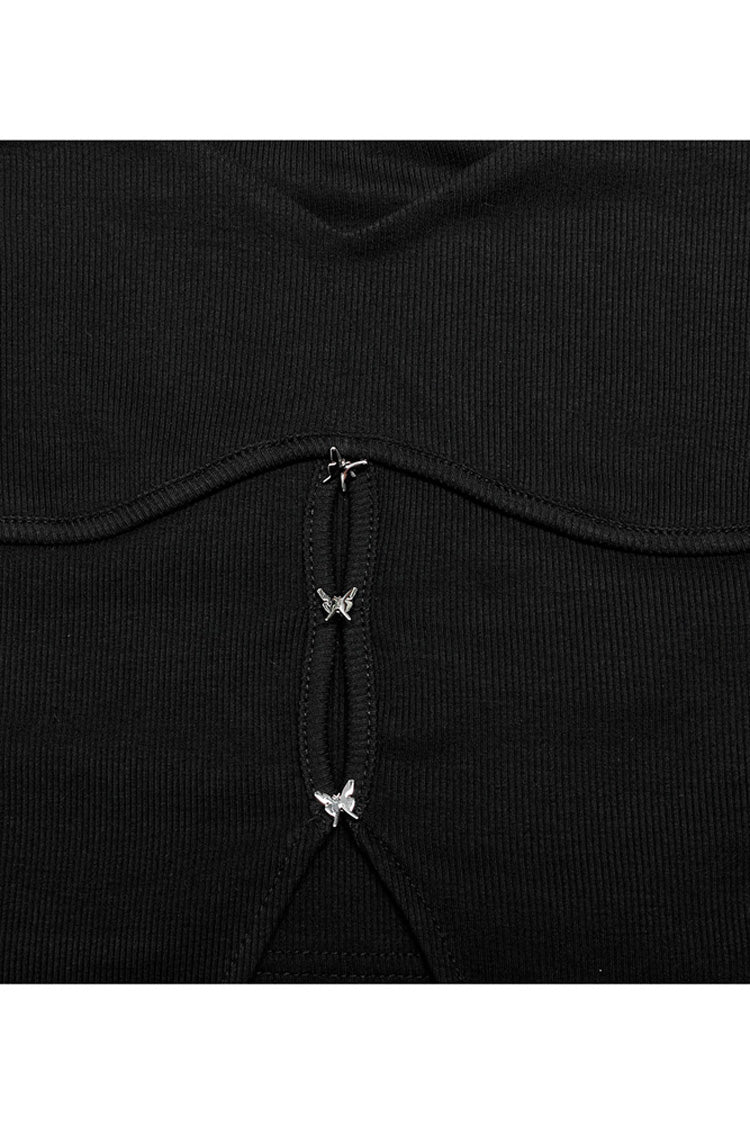 Gothic T-Shirt with Curved Split & Butterfly Button, Square Neck