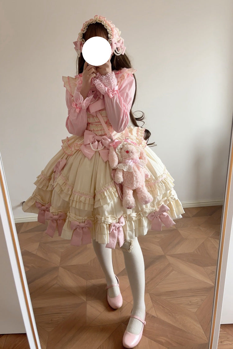 Pink Yellow Doll Multi-Layered Ruffle Bowknot Lace Sweet Dress