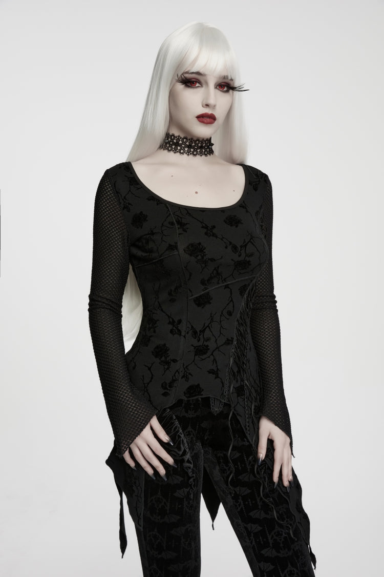 Charcoal Crewneck Long-Sleeve Jacquard Lace-Up Asymmetric Elegant Gothic Top for Women
