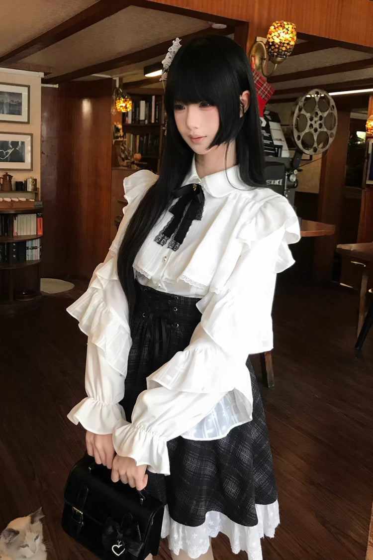 Black/White Long Sleeves Plaid Printed Lace Lace-Up Sweet Jirai Kei Skirt Set