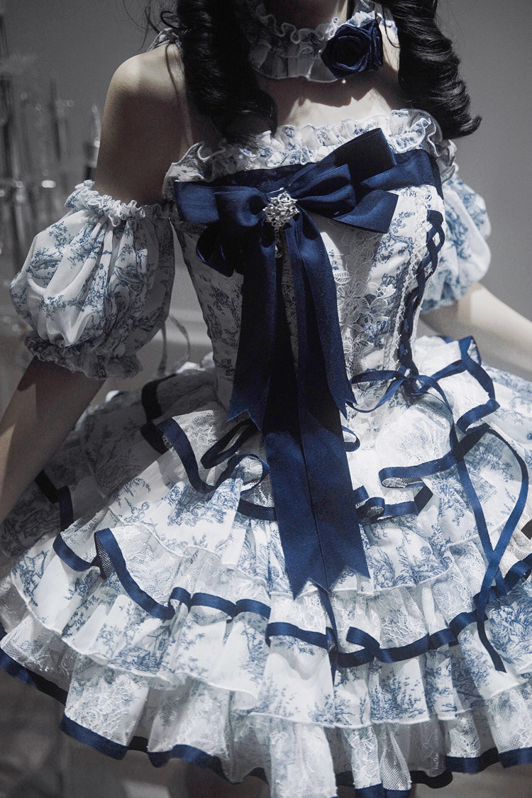 Cerulean and Ivory Sleeveless Multi-Layer Bow Print Chinese Classic Sweet Lolita JSK Short Dress