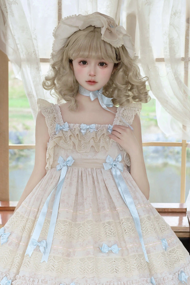 Beige Little Wind Chime Sleeveless Multi-Tiered Printed Ruffled Bow Lace Sweet Elegant Princess Lolita Jumper Dress