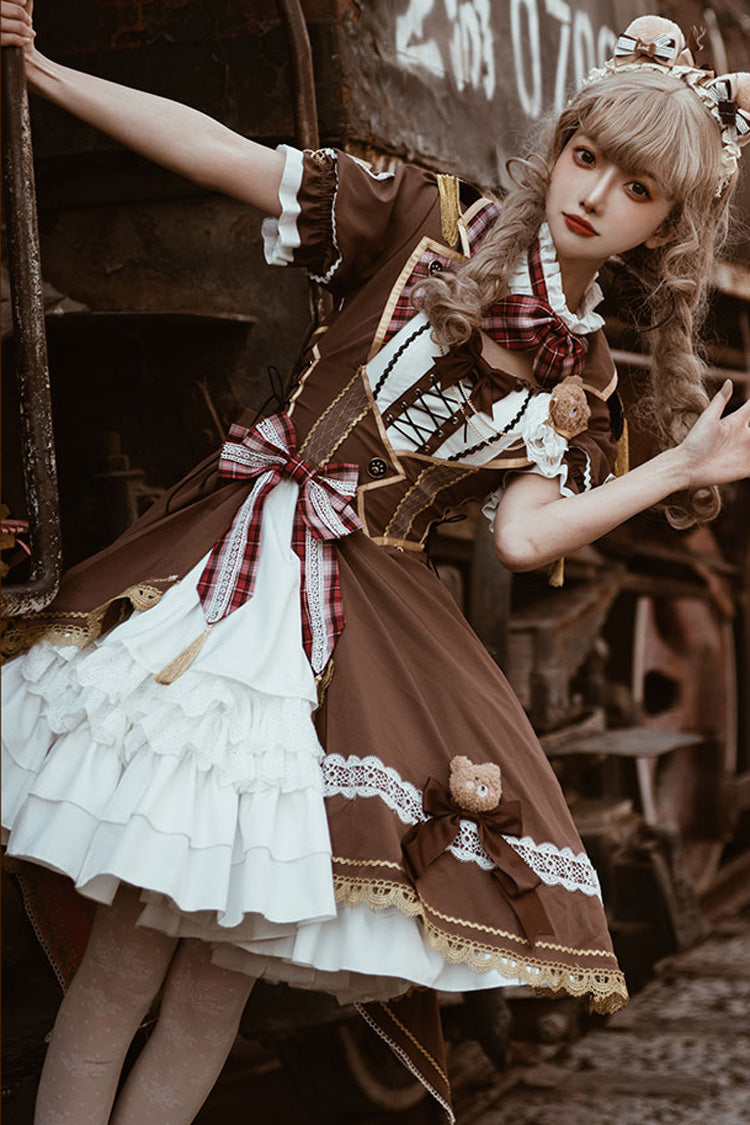 White/Brown Bear Print Gothic Dress with Ruffle Cardigan