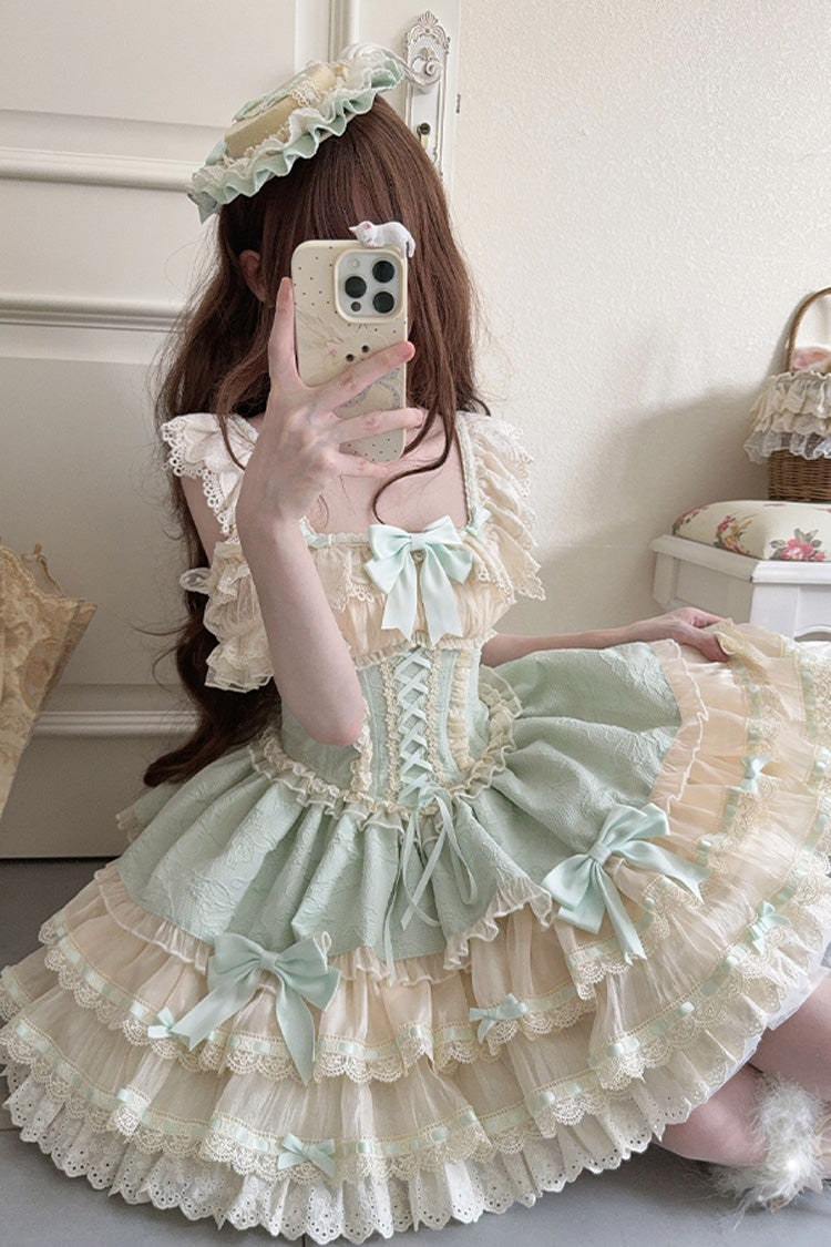 Double-Layered Ruffle Lace Bowknot Sweet Ballet Green Jsk Dress - Flory Butterfly
