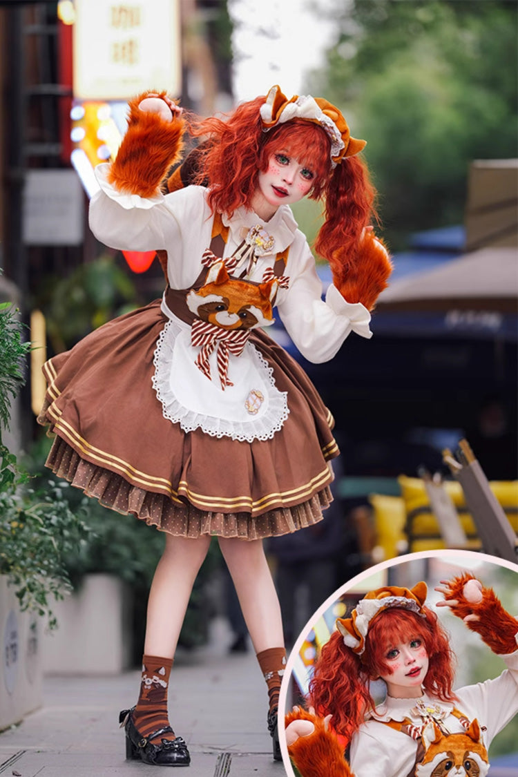 Brown Sweet Lolita Strap Dress Bowknot Ruffled Raccoon Print