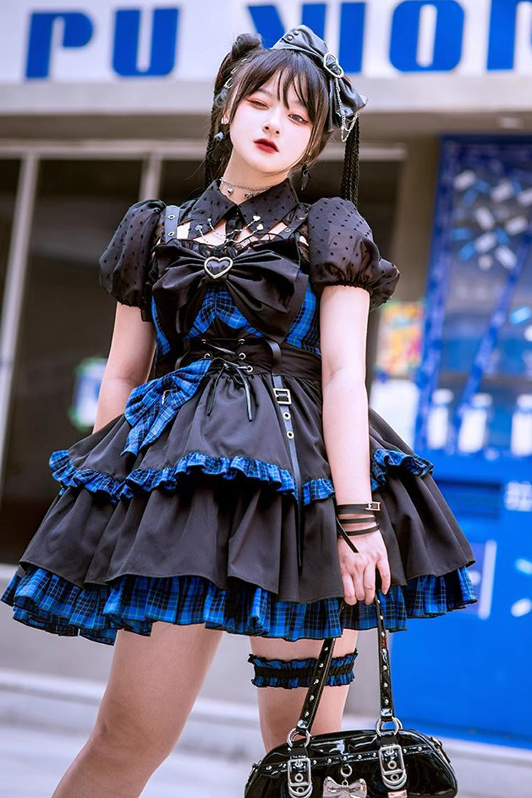 Black/Blue Sleeveless Multi-Layer Ruffle Bowknot Gothic Lolita Jsk Dress