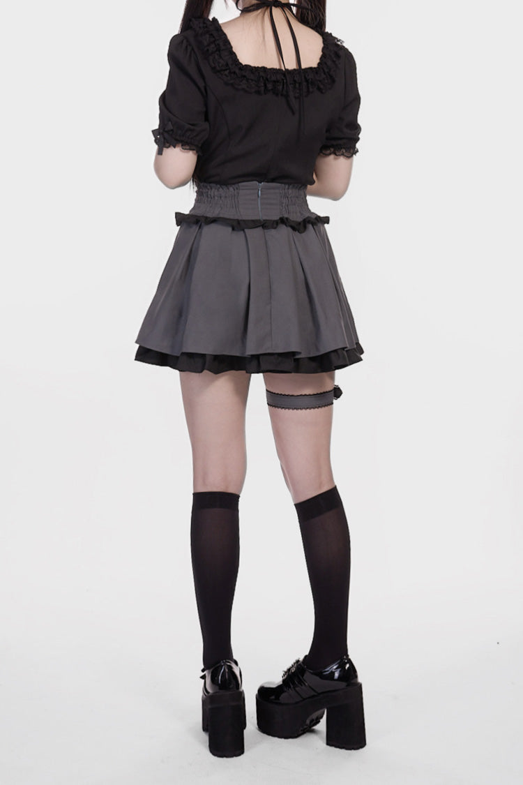 Grey Black Leather Buckle Leg Ring Double-Layer Ruffle Sweet Jirai Kei Skirt