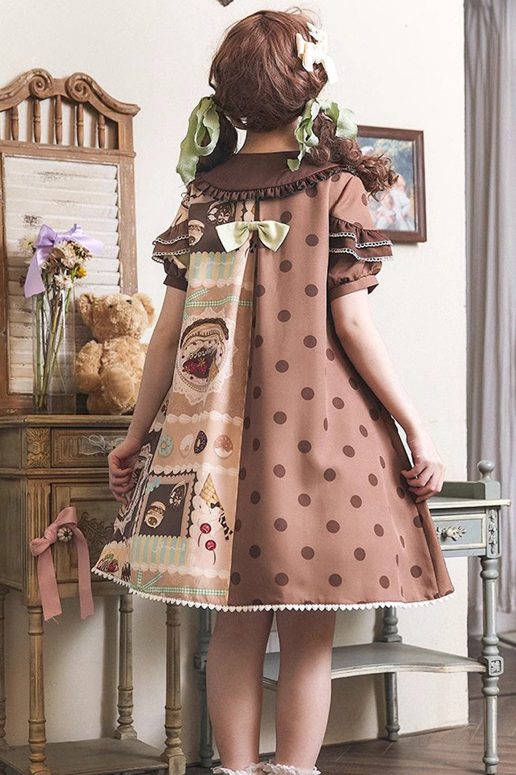 Chocolate Dessert Cake Printed Short Sleeved Ruffled Bow Lolita Dress