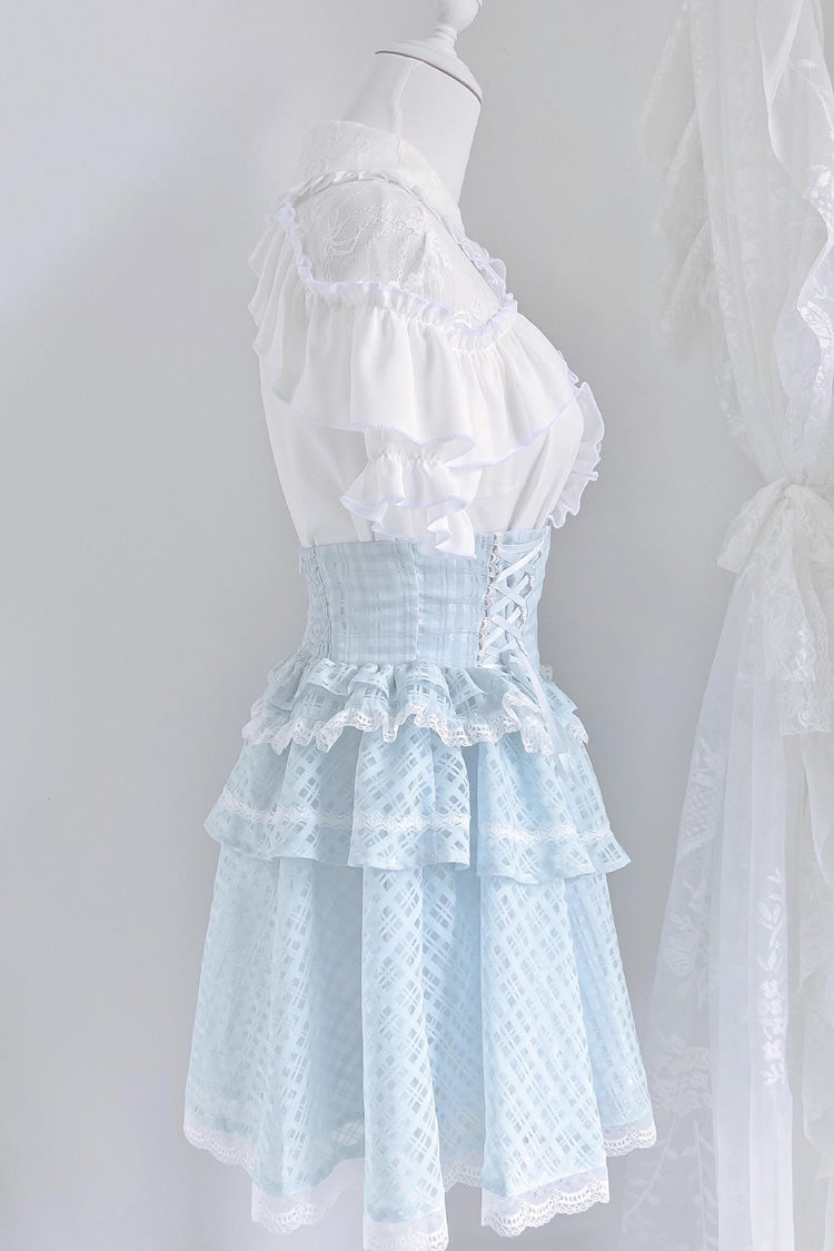 White/Blue Short Sleeve Double-Layered Ruffle Hollow Bow Lace-Up Jirai Kei Skirt Set