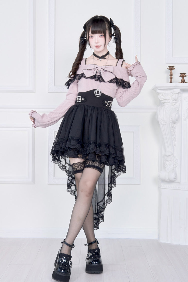 Faux Two Piece Off Shoulder Ruffle Bowknot Lace Gothic Jirai Dress in Two Shades