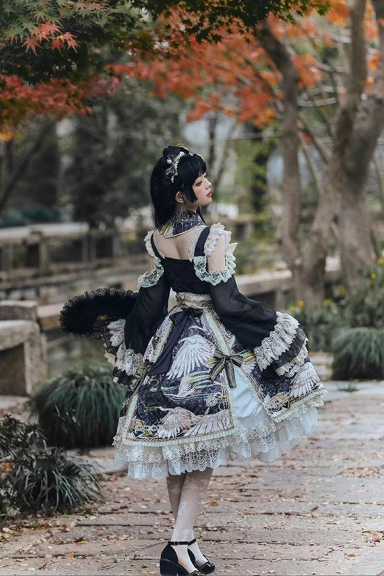 Chinese Style Long Sleeve Print Ruffle Lace Sweet Lolita Dress