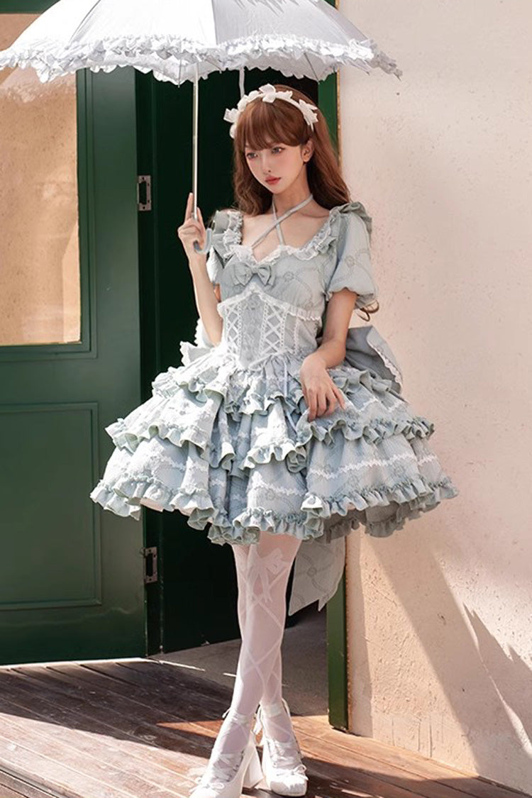 Mint Square Collar Short Sleeve Triple Ruffle Bow Sweet Lolita Dress