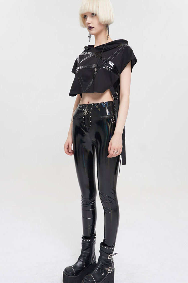 Punk Hoodie Tee with Pentagram Print and Leather Accents