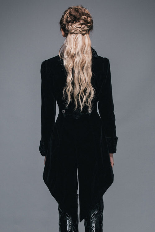 Womens Gothic Coat with High Collar & Dovetail Velveteen Embroidery